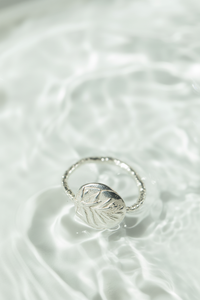 Anillo plata brillante en agua